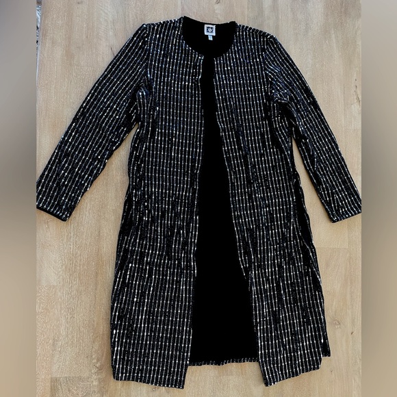 Anne Klein Black Metallic Geo Sequins Silver Sparkle Duster Cardigan Jacket - Picture 4 of 4